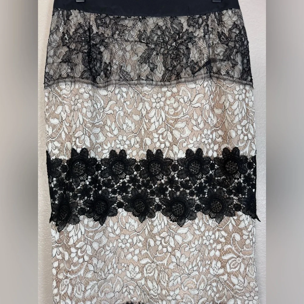 La Perla Lace Black & Cream Pencil Midi Skirt RTW Spring 2006 size 44 US 8 $1250
